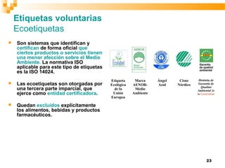 23
Etiquetas voluntarias
Ecoetiquetas
 Son sistemas que identifican y
certifican de forma oficial que
ciertos productos o servicios tienen
una menor afección sobre el Medio
Ambiente. La normativa ISO
aplicable para este tipo de etiquetas
es la ISO 14024.
 Las ecoetiquetas son otorgadas por
una tercera parte imparcial, que
ejerce como entidad certificadora.
 Quedan excluidos explícitamente
los alimentos, bebidas y productos
farmacéuticos.
Etiqueta
Ecológica
de la
Unión
Europea
Marca
AENOR-
Medio
Ambiente
Ángel
Azul
Cisne
Nórdico
Distintiu de
Garantía de
Qualitat
Ambiental de
la Generalitat
 