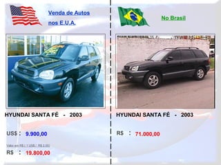 US$ :
R$ :
Venda de Autos
nos E.U.A.
No Brasil
Valor em R$ ( 1 US$ / R$ 2,00)
R$ :9.900,00
19.800,00
71.000,00
HYUNDAI SANTA FÉ - 2003 HYUNDAI SANTA FÉ - 2003
 