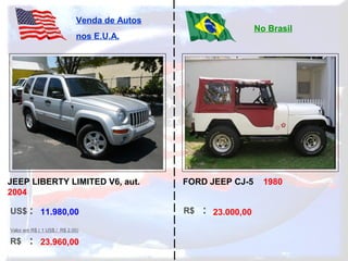US$ :
R$ :
Venda de Autos
nos E.U.A.
No Brasil
Valor em R$ ( 1 US$ / R$ 2,00)
R$ :11.980,00
23.960,00
23.000,00
JEEP LIBERTY LIMITED V6, aut.
2004
FORD JEEP CJ-5 1980
 