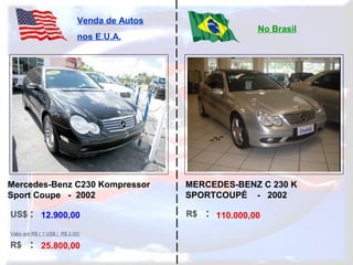 US$ :
R$ :
Venda de Autos
nos E.U.A.
No Brasil
Valor em R$ ( 1 US$ / R$ 2,00)
R$ :12.900,00
25.800,00
110.000,00
Mercedes-Benz C230 Kompressor
Sport Coupe - 2002
MERCEDES-BENZ C 230 K
SPORTCOUPÉ - 2002
 