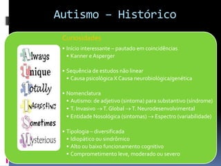 Autismo – Histórico
Curiosidades
• Início interessante – pautado em coincidências
• Kanner e Asperger
• Sequência de estudos não linear
• Causa psicológica X Causa neurobiológica/genética
• Nomenclatura
• Autismo: de adjetivo (sintoma) para substantivo (síndrome)
• T. Invasivo T. Global T. Neurodesenvolvimental
• Entidade Nosológica (sintomas) Espectro (variabilidade)
• Tipologia – diversificada
• Idiopático ou sindrômico
• Alto ou baixo funcionamento cognitivo
• Comprometimento leve, moderado ou severo
 