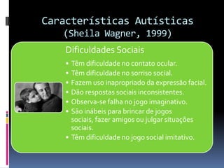 Características Autísticas
(Sheila Wagner, 1999)
Dificuldades Sociais
• Têm dificuldade no contato ocular.
• Têm dificuldade no sorriso social.
• Fazem uso inapropriado da expressão facial.
• Dão respostas sociais inconsistentes.
• Observa-se falha no jogo imaginativo.
• São inábeis para brincar de jogos
sociais, fazer amigos ou julgar situações
sociais.
• Têm dificuldade no jogo social imitativo.
 
