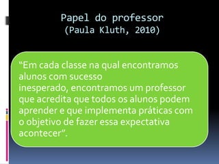 Papel do professor
(Paula Kluth, 2010)
“Em cada classe na qual encontramos
alunos com sucesso
inesperado, encontramos um professor
que acredita que todos os alunos podem
aprender e que implementa práticas com
o objetivo de fazer essa expectativa
acontecer”.
 