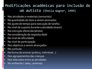 Modificações acadêmicas para inclusão de
um autista (Sheila Wagner, 1999)
 Nas atividades e materiais (sensoriais)
 Na quantidade de itens a serem ensinados
 No ajuste de tempo para execução de tarefas
 No nível de suporte durante a atividade (maior)
 Na instrução oferecida (direta)
 Na consideração da resposta dada
 No nível de dificuldade
 No nível de participação
 Nos objetivos a serem alcançados
 No currículo
 Na forma de ensinar (prática, individual...)
 Nos agrupamentos das crianças
 Nos intervalos entre as atividades
 No ambiente ( salas, carteiras)
 