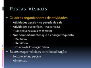 Pistas Visuais
 Quadros organizadores de atividades
 Atividades gerais – na parede da sala
 Atividades específicas – na carteira
 Em sequência ou em checklist
 Nos compartimentos que a criança frequenta
 Banheiro
 Refeitório
 Quadra de Educação Física
 Bases esquemáticas para localização
 Jogos (cartas, peças)
 Alimentos
 