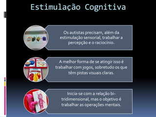 Estimulação Cognitiva
Os autistas precisam, além da
estimulação sensorial, trabalhar a
percepção e o raciocínio.
A melhor forma de se atingir isso é
trabalhar com jogos, sobretudo os que
têm pistas visuais claras.
Inicia-se com a relação bi-
tridimensional, mas o objetivo é
trabalhar as operações mentais.
 