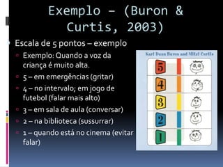  Escala de 5 pontos – exemplo
 Exemplo:Quando a voz da
criança é muito alta.
 5 – em emergências (gritar)
 4 – no intervalo; em jogo de
futebol (falar mais alto)
 3 – em sala de aula (conversar)
 2 – na biblioteca (sussurrar)
 1 – quando está no cinema (evitar
falar)
 