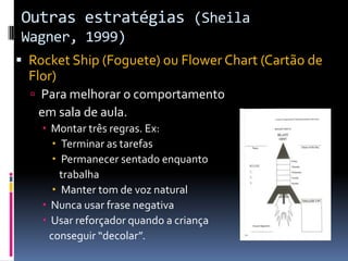 Outras estratégias (Sheila
Wagner, 1999)
 Rocket Ship (Foguete) ou Flower Chart (Cartão de
Flor)
 Para melhorar o comportamento
em sala de aula.
 Montar três regras. Ex:
 Terminar as tarefas
 Permanecer sentado enquanto
trabalha
 Manter tom de voz natural
 Nunca usar frase negativa
 Usar reforçador quando a criança
conseguir “decolar”.
 