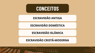CONCEITOS
ESCRAVIDÃO ANTIGA
ESCRAVIDÃO DOMÉSTICA
ESCRAVIDÃO ISLÂMICA
ESCRAVIDÃO CRISTÃ-MODERNA
 