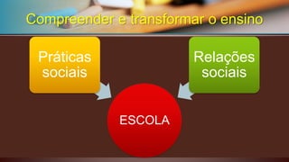 RESPEITO PELA DIVERSIDADE 
PROVOCAR E FACILITAR A RECONSTRUÇÃO DOS CONHECIMENTOS 
PREPARAR OS ALUNOS/AS PARA PENSAR CRITICAMENTE 
PREPARAR OS ALUNOS/AS PARA AGIR DEMOCRATICAMENTE 
Função educativa 
da 
ESCOLACompreender e transformar o ensino  