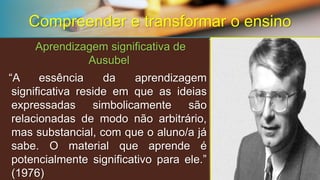 Área de desenvolvimento potencial ou Zona de desenvolvimento proximalÉprecisamenteoeixodarelaçãodialéticaentreaprendizagemedesenvolvimento.Estetemumadinâmicaperfeitamentefluida,dentrodecertoslimites, pelasintervençõesprecisasdaaprendizagemguiadaintencionalmente.Oqueacriançapodefazerhojecomajuda,favoreceefacilitaqueofaçasozinhaamanhã. Compreender e transformar o ensino  