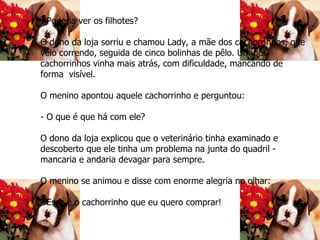 - Poderia ver os filhotes? O dono da loja sorriu e chamou Lady, a mãe dos cachorrinhos, que veio correndo, seguida de cinco bolinhas de pêlo. Um dos cachorrinhos vinha mais atrás, com dificuldade, mancando de  forma  visível. O menino apontou aquele cachorrinho e perguntou: - O que é que há com ele? O dono da loja explicou que o veterinário tinha examinado e descoberto que ele tinha um problema na junta do quadril - mancaria e andaria devagar para sempre. O menino se animou e disse com enorme alegria no olhar: - Esse é o cachorrinho que eu quero comprar! 