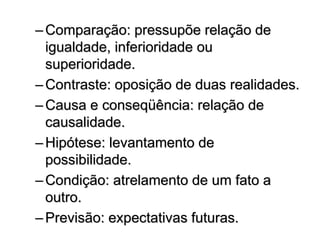 –Comparação: pressupõe relação de
igualdade, inferioridade ou
superioridade.
–Contraste: oposição de duas realidades.
–Causa e conseqüência: relação de
causalidade.
–Hipótese: levantamento de
possibilidade.
–Condição: atrelamento de um fato a
outro.
–Previsão: expectativas futuras.
 