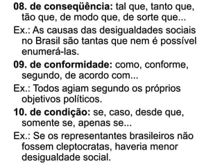 08. de conseqüência: tal que, tanto que,
tão que, de modo que, de sorte que...
Ex.: As causas das desigualdades sociais
no Brasil são tantas que nem é possível
enumerá-las.
09. de conformidade: como, conforme,
segundo, de acordo com...
Ex.: Todos agiam segundo os próprios
objetivos políticos.
10. de condição: se, caso, desde que,
somente se, apenas se...
Ex.: Se os representantes brasileiros não
fossem cleptocratas, haveria menor
desigualdade social.
 