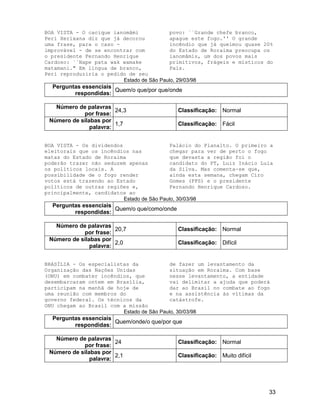 33
BOA VISTA - O cacique ianomâmi
Peri Xerixana diz que já decorou
uma frase, para o caso -
improvável - de se encontrar com
o presidente Fernando Henrique
Cardoso: ``Nape pata wak wamake
matamani." Em língua de branco,
Peri reproduziria o pedido de seu
povo: ``Grande chefe branco,
apague este fogo.'' O grande
incêndio que já queimou quase 20%
do Estado de Roraima preocupa os
ianomâmis, um dos povos mais
primitivos, frágeis e místicos do
País.
Estado de São Paulo, 29/03/98
Perguntas essenciais
respondidas:
Quem/o que/por que/onde
Número de palavras
por frase:
24,3 Classificação: Normal
Número de sílabas por
palavra:
1,7 Classificação: Fácil
BOA VISTA - Os dividendos
eleitorais que os incêndios nas
matas do Estado de Roraima
poderão trazer não seduzem apenas
os políticos locais. A
possibilidade de o fogo render
votos está trazendo ao Estado
políticos de outras regiões e,
principalmente, candidatos ao
Palácio do Planalto. O primeiro a
chegar para ver de perto o fogo
que devasta a região foi o
candidato do PT, Luiz Inácio Lula
da Silva. Mas comenta-se que,
ainda esta semana, chegam Ciro
Gomes (PPS) e o presidente
Fernando Henrique Cardoso.
Estado de São Paulo, 30/03/98
Perguntas essenciais
respondidas:
Quem/o que/como/onde
Número de palavras
por frase:
20,7 Classificação: Normal
Número de sílabas por
palavra:
2,0 Classificação: Difícil
BRASÍLIA - Os especialistas da
Organização das Nações Unidas
(ONU) em combater incêndios, que
desembarcaram ontem em Brasília,
participam na manhã de hoje de
uma reunião com membros do
governo federal. Os técnicos da
ONU chegam ao Brasil com a missão
de fazer um levantamento da
situação em Roraima. Com base
nesse levantamento, a entidade
vai delimitar a ajuda que poderá
dar ao Brasil no combate ao fogo
e na assistência às vítimas da
catástrofe.
Estado de São Paulo, 30/03/98
Perguntas essenciais
respondidas:
Quem/onde/o que/por que
Número de palavras
por frase:
24 Classificação: Normal
Número de sílabas por
palavra:
2,1 Classificação: Muito difícil
 