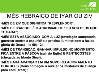 MÊS HEBRAICO DE IYAR OU ZIV
•MÊS DE ZIV QUE SIGNIFICA “RESPLENDOR”;
•MÊS DE IYAR QUE É O ACRONIMO DE “ EU SOU DEUS QUE
TE SARA”;
•MÊS ESTÁ ASSOCIADO COM A LUZ (revelação aumentada,
guerrear contra a escuridão e precisa iluminar com a luz da
glória de Deus) – Is 60:1-2;
•MÊS DE TRANSIÇÃO, GANHAR IMPULSO NO MOVIMENTO,
FICA ENTRE A PÁSCOA (sair do Egito) E PENTECOSTES
(chegada ao Monte Sinai);
•MÊS PARA AVANÇAR EM UM NOVO RELACIONAMENTO
COM DEUS (Deus começou a revelar os mistérios de aliança
para com Israel) ;
 