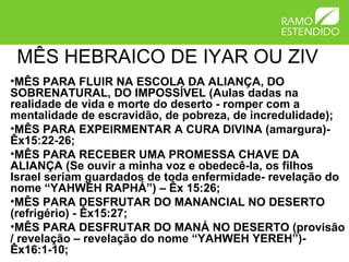 MÊS HEBRAICO DE IYAR OU ZIV
•MÊS PARA FLUIR NA ESCOLA DA ALIANÇA, DO
SOBRENATURAL, DO IMPOSSÍVEL (Aulas dadas na
realidade de vida e morte do deserto - romper com a
mentalidade de escravidão, de pobreza, de incredulidade);
•MÊS PARA EXPEIRMENTAR A CURA DIVINA (amargura)-
Êx15:22-26;
•MÊS PARA RECEBER UMA PROMESSA CHAVE DA
ALIANÇA (Se ouvir a minha voz e obedecê-la, os filhos
Israel seriam guardados de toda enfermidade- revelação do
nome “YAHWEH RAPHÁ”) – Êx 15:26;
•MÊS PARA DESFRUTAR DO MANANCIAL NO DESERTO
(refrigério) - Êx15:27;
•MÊS PARA DESFRUTAR DO MANÁ NO DESERTO (provisão
/ revelação – revelação do nome “YAHWEH YEREH”)-
Êx16:1-10;
 