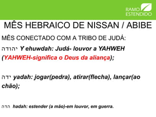 MÊS HEBRAICO DE NISSAN / ABIBE
MÊS CONECTADO COM A TRIBO DE JUDÁ:
‫ יהודה‬Y ehuwdah: Judá- louvor a YAHWEH
        ̂
(YAHWEH-significa o Deus da aliança);


‫ ידה‬yadah: jogar(pedra), atirar(flecha), lançar(ao
chão);


‫ הדה‬hadah: estender (a mão)-em louvor, em guerra.
 