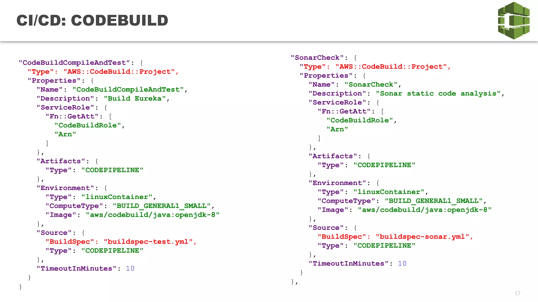 17
CI/CD: CODEBUILD
"SonarCheck": {
"Type": "AWS::CodeBuild::Project",
"Properties": {
"Name": "SonarCheck",
"Description": "Sonar static code analysis",
"ServiceRole": {
"Fn::GetAtt": [
"CodeBuildRole",
"Arn"
]
},
"Artifacts": {
"Type": "CODEPIPELINE"
},
"Environment": {
"Type": "linuxContainer",
"ComputeType": "BUILD_GENERAL1_SMALL",
"Image": "aws/codebuild/java:openjdk-8"
},
"Source": {
"BuildSpec": "buildspec-sonar.yml",
"Type": "CODEPIPELINE"
},
"TimeoutInMinutes": 10
}
},
"CodeBuildCompileAndTest": {
"Type": "AWS::CodeBuild::Project",
"Properties": {
"Name": "CodeBuildCompileAndTest",
"Description": "Build Eureka",
"ServiceRole": {
"Fn::GetAtt": [
"CodeBuildRole",
"Arn"
]
},
"Artifacts": {
"Type": "CODEPIPELINE"
},
"Environment": {
"Type": "linuxContainer",
"ComputeType": "BUILD_GENERAL1_SMALL",
"Image": "aws/codebuild/java:openjdk-8"
},
"Source": {
"BuildSpec": "buildspec-test.yml",
"Type": "CODEPIPELINE"
},
"TimeoutInMinutes": 10
}
}
 