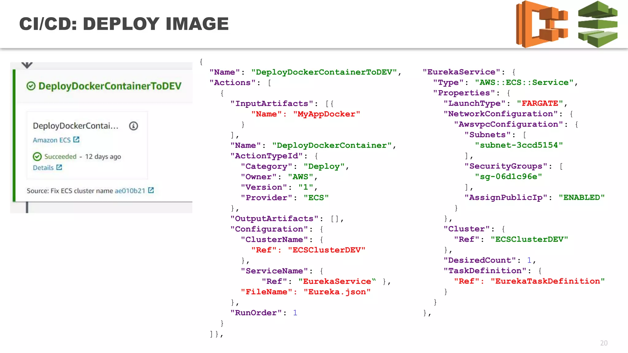 20
CI/CD: DEPLOY IMAGE
{
"Name": "DeployDockerContainerToDEV",
"Actions": [
{
"InputArtifacts": [{
"Name": "MyAppDocker"
}
],
"Name": "DeployDockerContainer",
"ActionTypeId": {
"Category": "Deploy",
"Owner": "AWS",
"Version": "1",
"Provider": "ECS"
},
"OutputArtifacts": [],
"Configuration": {
"ClusterName": {
"Ref": "ECSClusterDEV"
},
"ServiceName": {
"Ref": "EurekaService“ },
"FileName": "Eureka.json"
},
"RunOrder": 1
}
]},
"EurekaService": {
"Type": "AWS::ECS::Service",
"Properties": {
"LaunchType": "FARGATE",
"NetworkConfiguration": {
"AwsvpcConfiguration": {
"Subnets": [
"subnet-3ccd5154"
],
"SecurityGroups": [
"sg-06d1c96e"
],
"AssignPublicIp": "ENABLED"
}
},
"Cluster": {
"Ref": "ECSClusterDEV"
},
"DesiredCount": 1,
"TaskDefinition": {
"Ref": "EurekaTaskDefinition"
}
}
},
 