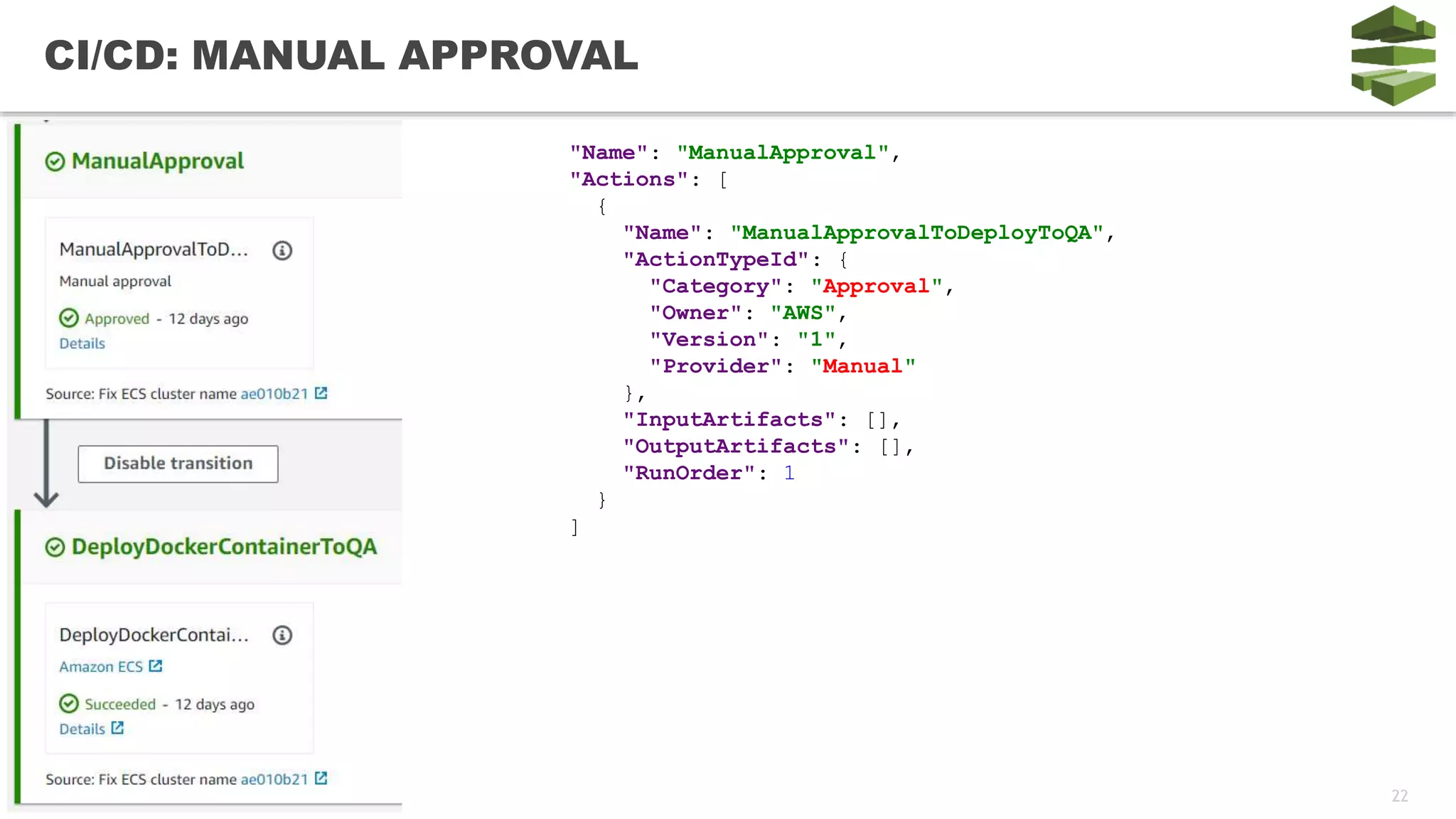 22
CI/CD: MANUAL APPROVAL
"Name": "ManualApproval",
"Actions": [
{
"Name": "ManualApprovalToDeployToQA",
"ActionTypeId": {
"Category": "Approval",
"Owner": "AWS",
"Version": "1",
"Provider": "Manual"
},
"InputArtifacts": [],
"OutputArtifacts": [],
"RunOrder": 1
}
]
 