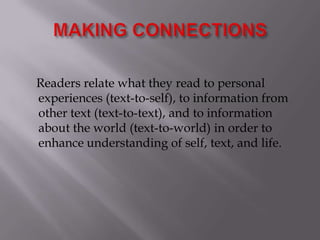 MAKING CONNECTIONS    Readers relate what they read to personal experiences (text-to-self), to information from other text (text-to-text), and to information about the world (text-to-world) in order to enhance understanding of self, text, and life.