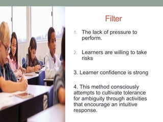 Filter
1. The lack of pressure to
perform.
2. Learners are willing to take
risks
3. Learner confidence is strong
4. This method consciously
attempts to cultivate tolerance
for ambiguity through activities
that encourage an intuitive
response.
 