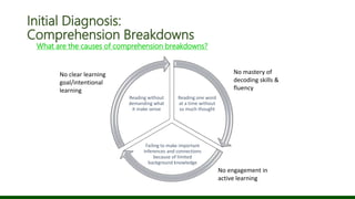 Initial Diagnosis:
Comprehension Breakdowns
What are the causes of comprehension breakdowns?
Reading one word
at a time without
so much thought
Failing to make important
inferences and connections
because of limited
background knowledge
Reading without
demanding what
it make sense
No clear learning
goal/intentional
learning
No mastery of
decoding skills &
fluency
No engagement in
active learning
 