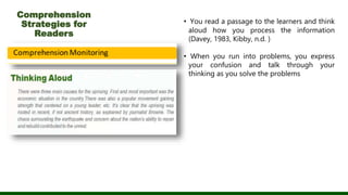 Comprehension
Strategies for
Readers
• You read a passage to the learners and think
aloud how you process the information
(Davey, 1983, Kibby, n.d. )
• When you run into problems, you express
your confusion and talk through your
thinking as you solve the problems
 