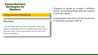Comprehension
Strategies for
Readers • Stopping to reread or re-state a difficulty
section, summarizing long sentences, putting
in your own words
• Looking back in the text to locate the person
or thing that a pronoun refer to
 