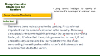 Comprehension
Strategies for
Readers • Using various strategies to identify or
determine the meaning of an unknown word.
 