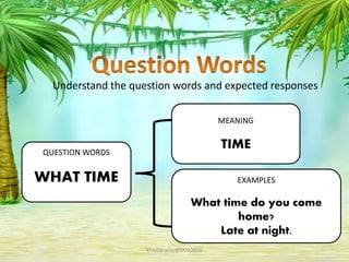 Understand the question words and expected responses
QUESTION WORDS
WHAT TIME
MEANING
TIME
EXAMPLES
What time do you come
home?
Late at night.
khaidarwisy@SKKt2016
 