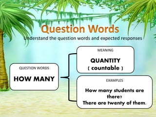 Understand the question words and expected responses
QUESTION WORDS
HOW MANY
MEANING
QUANTITY
( countable )
EXAMPLES
How many students are
there?
There are twenty of them.
 