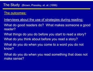 The Study   (Brown, Pressley, et. al. (1996)


The outcomes:
Interviews about the use of strategies during reading:
What do good readers do? What makes someone a good
reader?
What things do you do before you start to read a story?
What do you think about before you read a story?
What do you do when you come to a word you do not
know?
What do you do when you read something that does not
make sense?
 