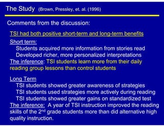 The Study    (Brown, Pressley, et. al. (1996)


Comments from the discussion:
 TSI had both positive short-term and long-term benefits
 Short term:
   Students acquired more information from stories read
   Developed richer, more personalized interpretations
 The inference: TSI students learn more from their daily
 reading group lessons than control students
 Long Term
   TSI students showed greater awareness of strategies
   TSI students used strategies more actively during reading
   TSI students showed greater gains on standardized test
 The inference: A year of TSI instruction improved the reading
 skills of the 2nd grade students more than did alternative high
 quality instruction.
 