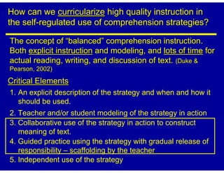 How can we curricularize high quality instruction in
the self-regulated use of comprehension strategies?

The concept of “balanced” comprehension instruction.
Both explicit instruction and modeling, and lots of time for
actual reading, writing, and discussion of text. (Duke &
Pearson, 2002)

Critical Elements
1. An explicit description of the strategy and when and how it
   should be used.
2. Teacher and/or student modeling of the strategy in action
3. Collaborative use of the strategy in action to construct
   meaning of text.
4. Guided practice using the strategy with gradual release of
   responsibility – scaffolding by the teacher
5. Independent use of the strategy
 