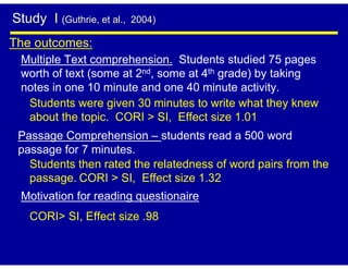 Study I (Guthrie, et al.,   2004)

The outcomes:
 Multiple Text comprehension. Students studied 75 pages
 worth of text (some at 2nd, some at 4th grade) by taking
 notes in one 10 minute and one 40 minute activity.
  Students were given 30 minutes to write what they knew
  about the topic. CORI > SI, Effect size 1.01
 Passage Comprehension – students read a 500 word
 passage for 7 minutes.
   Students then rated the relatedness of word pairs from the
   passage. CORI > SI, Effect size 1.32
 Motivation for reading questionaire
   CORI> SI, Effect size .98
 
