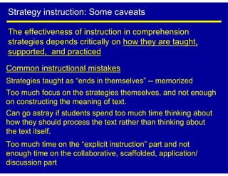 Strategy instruction: Some caveats

The effectiveness of instruction in comprehension
strategies depends critically on how they are taught,
supported, and practiced

Common instructional mistakes
Strategies taught as “ends in themselves” -- memorized
Too much focus on the strategies themselves, and not enough
on constructing the meaning of text.
Can go astray if students spend too much time thinking about
how they should process the text rather than thinking about
the text itself.
Too much time on the “explicit instruction” part and not
enough time on the collaborative, scaffolded, application/
discussion part
 