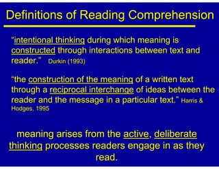Definitions of Reading Comprehension
“intentional thinking during which meaning is
constructed through interactions between text and
reader.” Durkin (1993)

“the construction of the meaning of a written text
through a reciprocal interchange of ideas between the
reader and the message in a particular text.” Harris &
Hodges, 1995



  meaning arises from the active, deliberate
thinking processes readers engage in as they
                    read.
 