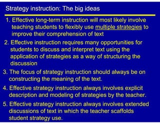 Strategy instruction: The big ideas
 1. Effective long-term instruction will most likely involve
    teaching students to flexibly use multiple strategies to
    improve their comprehension of text
2. Effective instruction requires many opportunities for
   students to discuss and interpret text using the
   application of strategies as a way of structuring the
   discussion
3. The focus of strategy instruction should always be on
   constructing the meaning of the text.
4. Effective strategy instruction always involves explicit
   description and modeling of strategies by the teacher.
5. Effective strategy instruction always involves extended
   discussions of text in which the teacher scaffolds
   student strategy use.
 