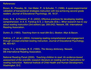 References:
Brown, R., Pressley, M., Van Meter, P., & Schuder, T. (1996). A quasi-experimental
validation of transactional strategies instruction with low-achieving second grade
readers. Journal of Educational Psychology, 88, 18-37.

Duke, N. K., & Pearson, P. D. (2002). Effective practices for developing reading
comprehension. In A. E. Farstrup & S. J. Samuels (Eds.), What research has to say
about reading instruction (3rd edition) (pp. 205-242). Newark, DE: International
Reading Association.

Durkin, D. (1993). Teaching them to read (6th Ed.). Boston: Allyn & Bacon.

Guthrie, J.T. (et al.) (2004). Increasing reading comprehension and engagement
through concept-oriented reading instruction. Journal of Educational Psychology,
96, 403-421

Harris, T. L., & Hodges, R. E. (1995). The literacy dictionary. Newark,
DE:International Reading Association.

National Reading Panel (2000). Teaching children to read: An evidence-based
assessment of the scientific research literature on reading and its implications for
reading instruction. National Institute of Child Health and Human Development,
Washington, D.C.
 