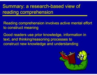 Summary: a research-based view of
reading comprehension

Reading comprehension involves active mental effort
to construct meaning
Good readers use prior knowledge, information in
text, and thinking/reasoning processes to
construct new knowledge and understanding
 