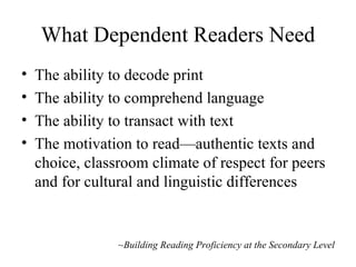 What Dependent Readers Need The ability to decode print The ability to comprehend language The ability to transact with text The motivation to read—authentic texts and choice, classroom climate of respect for peers and for cultural and linguistic differences ~ Building Reading Proficiency at the Secondary Level 
