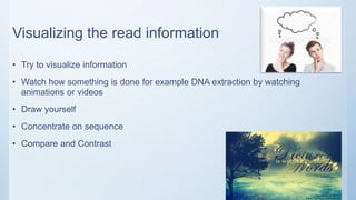 Visualizing the read information
• Try to visualize information
• Watch how something is done for example DNA extraction by watching
animations or videos
• Draw yourself
• Concentrate on sequence
• Compare and Contrast
 