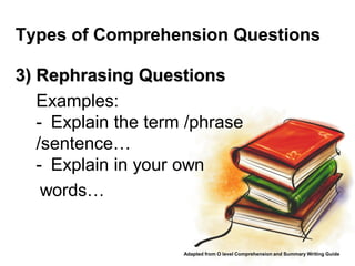 Types of Comprehension Questions

3) Rephrasing Questions
   Examples:
   - Explain the term /phrase
   /sentence…
   - Explain in your own
    words…


                     Adapted from O level Comprehension and Summary Writing Guide
 