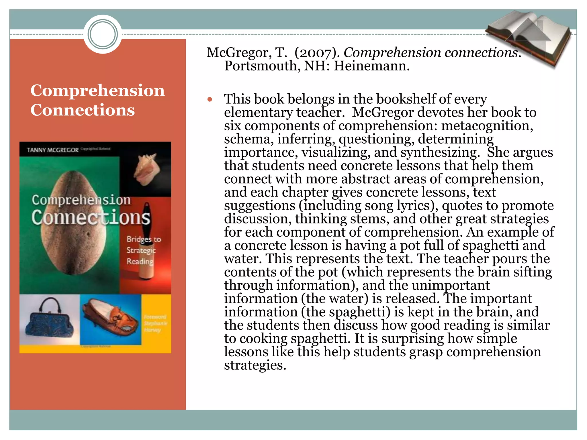 McGregor, T. (2007). Comprehension connections.
                  Portsmouth, NH: Heinemann.
Comprehension    This book belongs in the bookshelf of every
Connections       elementary teacher. McGregor devotes her book to
                  six components of comprehension: metacognition,
                  schema, inferring, questioning, determining
                  importance, visualizing, and synthesizing. She argues
                  that students need concrete lessons that help them
                  connect with more abstract areas of comprehension,
                  and each chapter gives concrete lessons, text
                  suggestions (including song lyrics), quotes to promote
                  discussion, thinking stems, and other great strategies
                  for each component of comprehension. An example of
                  a concrete lesson is having a pot full of spaghetti and
                  water. This represents the text. The teacher pours the
                  contents of the pot (which represents the brain sifting
                  through information), and the unimportant
                  information (the water) is released. The important
                  information (the spaghetti) is kept in the brain, and
                  the students then discuss how good reading is similar
                  to cooking spaghetti. It is surprising how simple
                  lessons like this help students grasp comprehension
                  strategies.
 