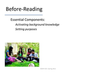 Before-ReadingEssential Components:Activating background knowledgeSetting purposesAEDR 518 | Spring 2011