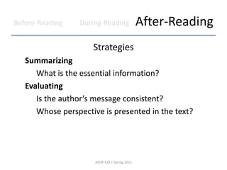 After-ReadingStrategiesSummarizing		What is the essential information?Evaluating		Is the author’s message consistent?		Whose perspective is presented in the text?AEDR 518 | Spring 2011During-ReadingBefore-Reading