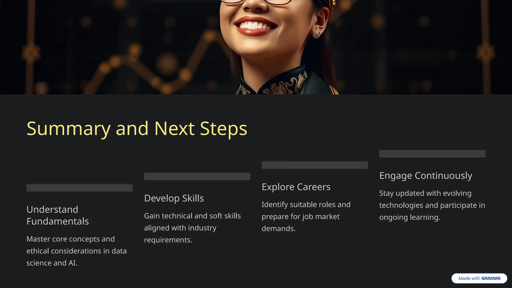 Summary and Next Steps
Understand
Fundamentals
Master core concepts and
ethical considerations in data
science and AI.
Develop Skills
Gain technical and soft skills
aligned with industry
requirements.
Explore Careers
Identify suitable roles and
prepare for job market
demands.
Engage Continuously
Stay updated with evolving
technologies and participate in
ongoing learning.
 