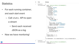 Sumo Logic Confidential
Statistics
• For each running container,
and each start event
– Call stats API to open
a stream
• Send each received
JSON as a log
• Now we have monitoring!
 